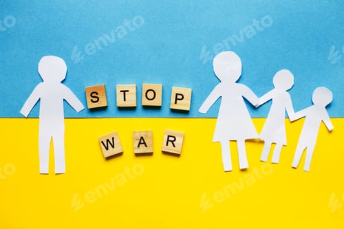 Preview: paper cut divided family on the background of the ukrainian flag. stop war concept