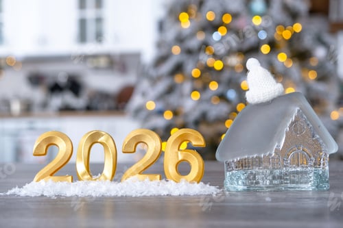 Visualização: Número dourado 2026 e pequena casa no fundo de uma aconchegante cozinha branca com árvore de Natal