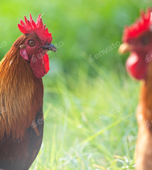 Preview: Vertical shot of two roosters looking at each other creating an illusion of looking in the mirror