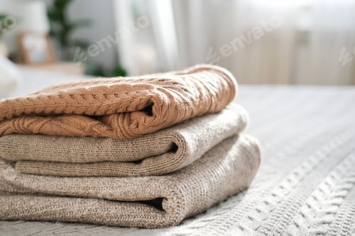 Preview: Stack of cozy folded knitted sweaters in neutral beige and cream tones on bed. Hygge, winter comfort