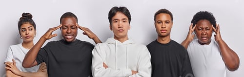 Preview: Photo of serious thoughtful women and men have miragaine or headache keep arms folded dressed in