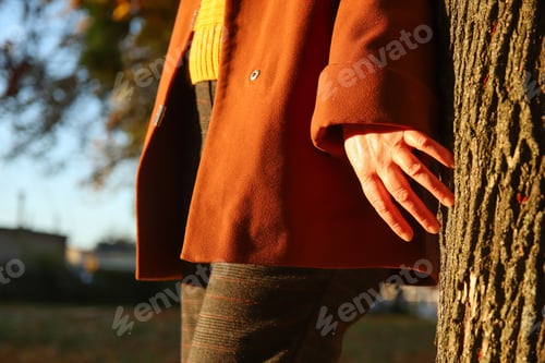 Preview: Cropped portrait of Caucasian woman in autumn park. Bright stylish woman in yellow pullover and brow