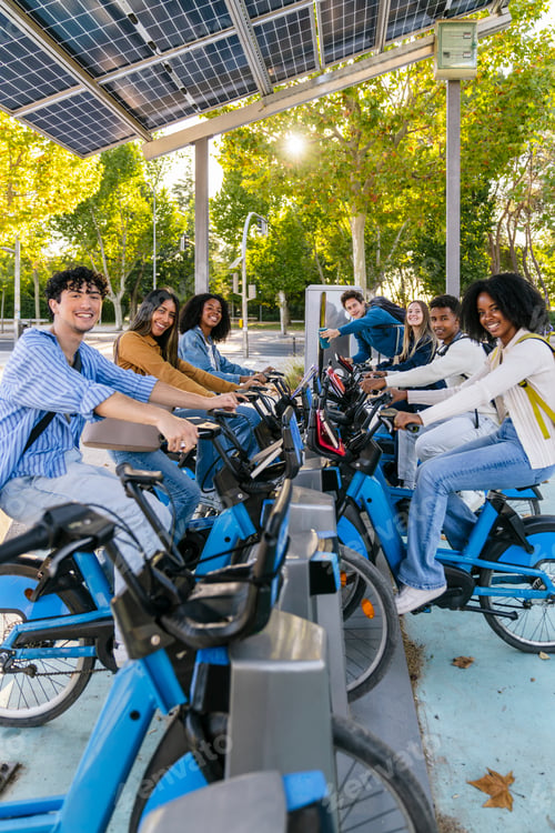 Preview: Multiracial students riding electric bikes under solar panels