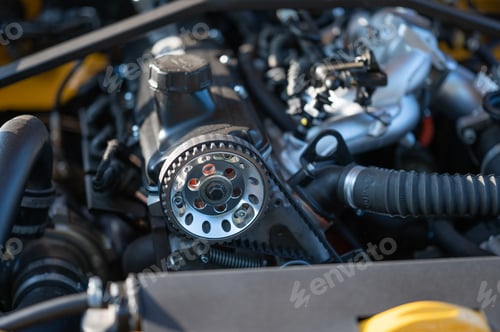 Preview: Closeup of a metallic timing belt of a car with chain