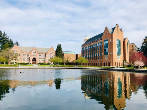 Preview: Serene university campus with reflecting pond