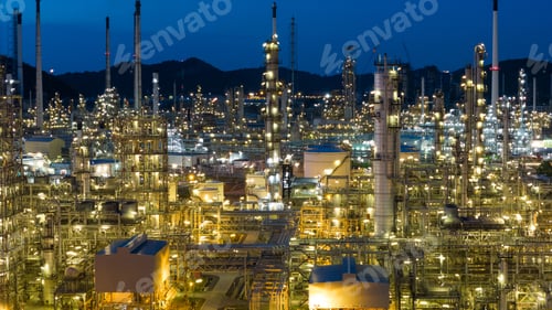 Preview: Oil Refinery plant at sunset. Gas Chemical Equipment Prodiction import export Concept