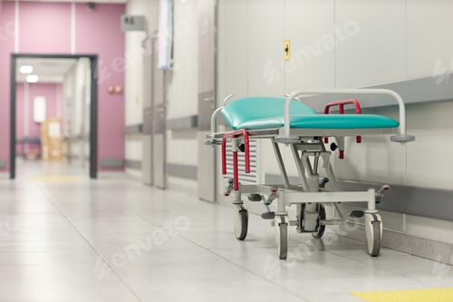 Preview: Empty Medical Stretcher Standing in Hospital Corridor at Vascular Center
