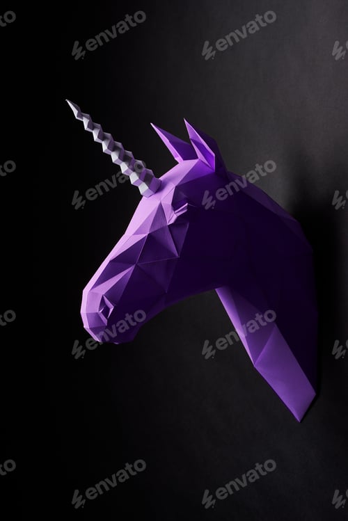 Preview: Deep shadowed violet unicorn's head profile hanging on contrast wall