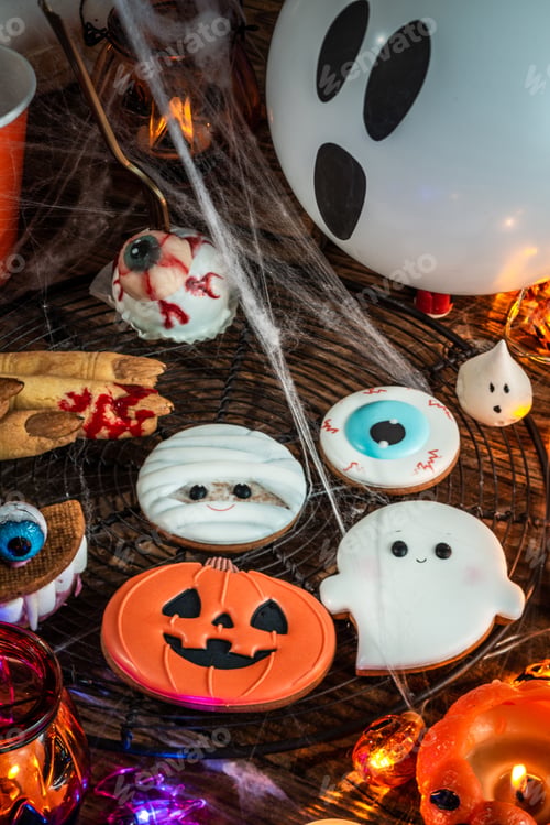 Preview: Halloween sweet cookies with spooky and funny decoration on kid party table