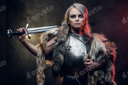 Preview: Portrait of a beautiful warrior woman holding a sword wearing steel cuirass and fur