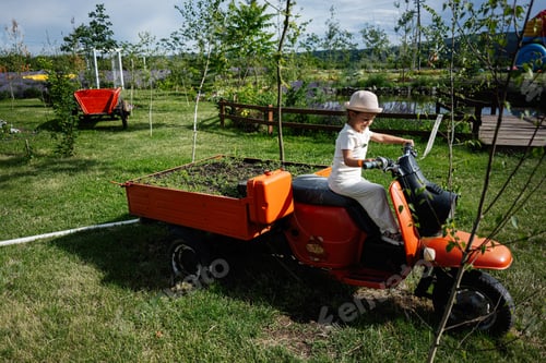Preview: Child riding a small orange tractor in a scenic garden setting