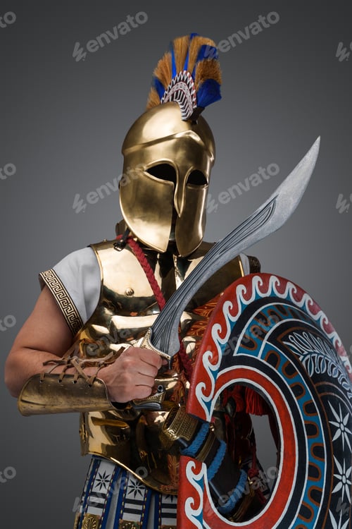 Preview: Violent greek warrior from past against gray background