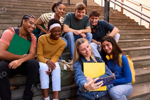 Preview: Diverse student group taking selfie on university stairs