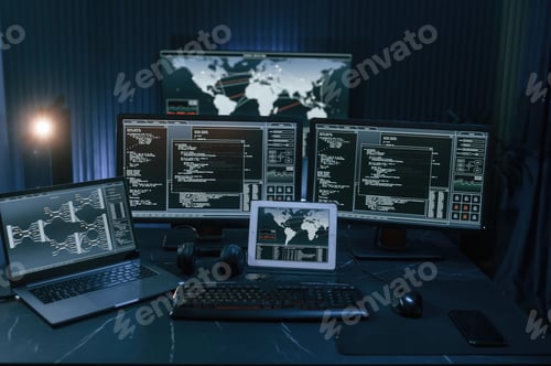 Preview: Cyber criminal haker dark room for massive attack of corporate big data servers