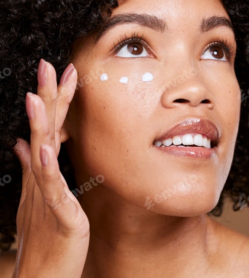 Preview: Young black woman, skincare cream and beauty, sunscreen makeup product and luxury facial treatment