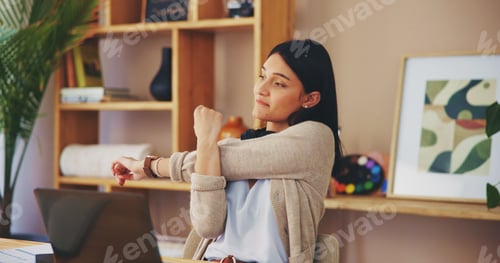 Preview: Laptop, stretching and freelancer with woman in home office for graphic designer, creative project