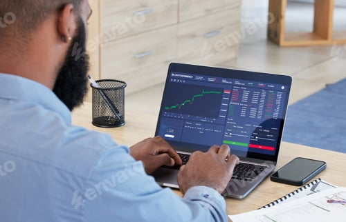 Preview: Laptop, finance and stock market with a man broker working in his office for trading investment or