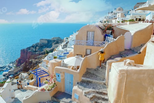 Preview: Santorini Greece, woman on luxury vacation Oia Santorini Island greece visit the white village