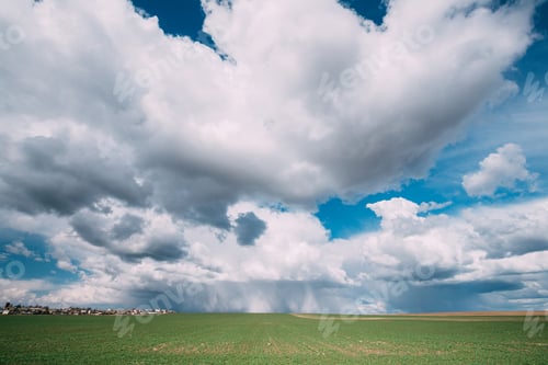 Preview: Sky During Rain Horizon Above Rural Wheat Landscape Field. Agricultural And Weather Forecast Concept