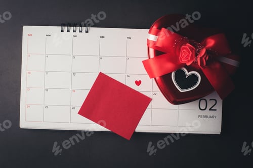 Preview: February 14 on the calendar with Heart shaped gift box and blank note card, Valentine's day concept