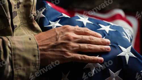 Preview: USA soldier caressing a United states flag on veterans day
