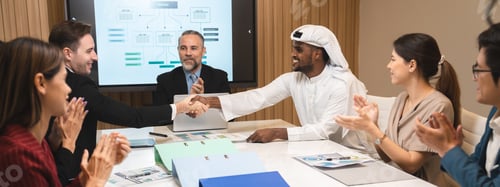 Preview: Emirate man having business deal agreements with partnership team, Arabian manager making handshake