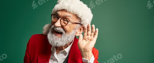 Preview: jolly man dressed as Santa with red hat with hand near ear looking at camera, winter concept, banner