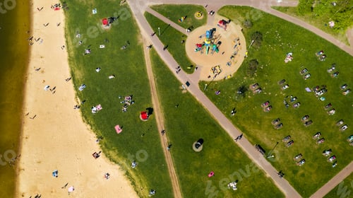 Preview: View from the height of the beach and vacationing people in Drozdy in Minsk.Belarus