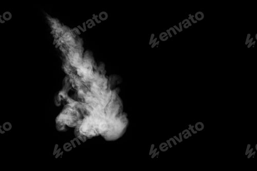 Preview: White curling dense smoke vapor flying down is isolated on a black background to overlay your photos