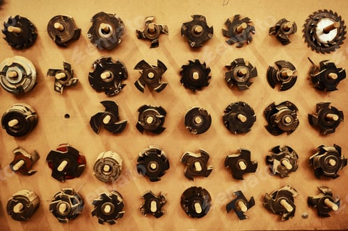 Preview: High angle shot of the different types of blades and cutting tools used in a workshop