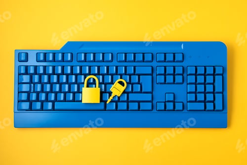 Preview: Cyber data and information security idea. Yellow padlock and key and blue keyboard. Computer
