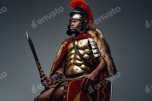 Preview: Roman warrior with pelt wielding sword and shield
