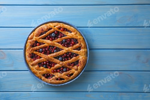 Preview: Delicious currant pie and fresh berries on blue wooden table, top view. Space for text