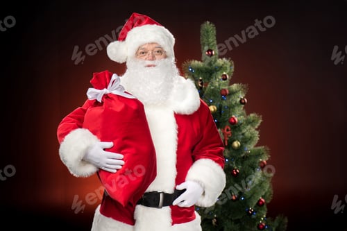 Preview: Santa Claus standing with red sack and looking at camera