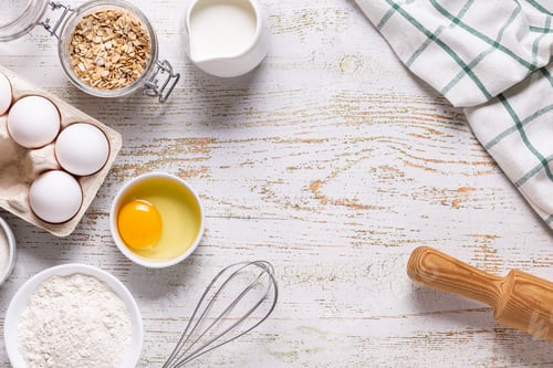 Preview: Ingredients for baking - flour, eggs, salt, sugar, milk.
