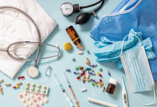 Preview: Health and Law flat lay. Judge gavel, medical stethoscope and medicine