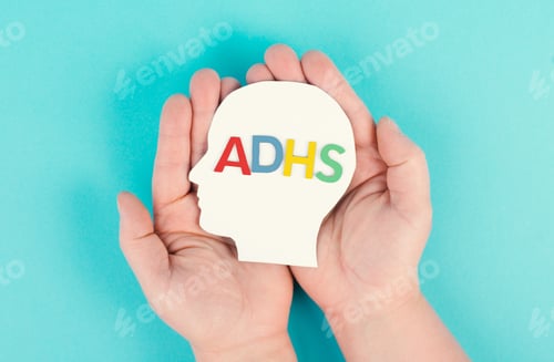 Preview: Hands holding a head with the german word ADHS which means attention deficit hyperactivity disorder