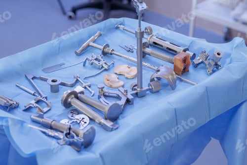 Preview: Knee arthroplasty instruments and prosthesis components on a sterile surgical table