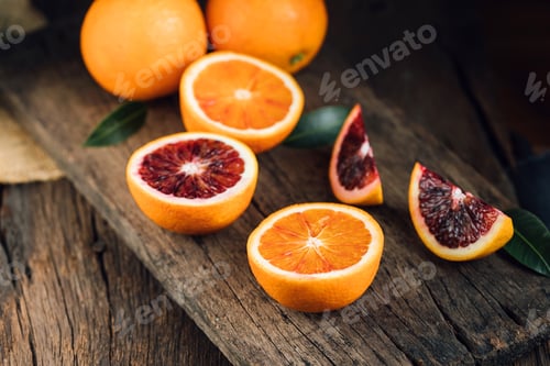 Preview: Sliced Sicilian Blood oranges fruits over old dark wooden background. Top view.