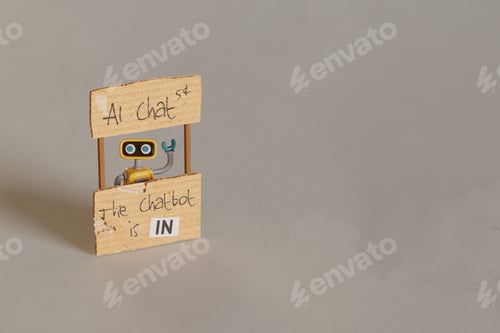 Preview: Yellow Toy Robot Manning AI Chat Stand