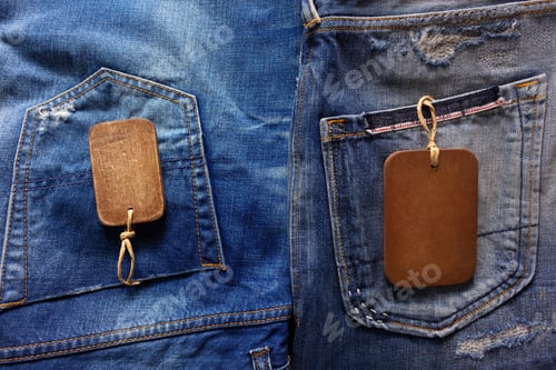 Preview: Wooden price tag label on jeans background texture. Blue jeans denim fabric