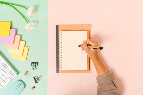 Preview: Creative flat lay photo of workspace desk.
