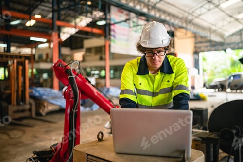 Preview: Professional engineer holding robot controller checking and repairing automatic robotic machine