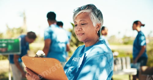Preview: Charity, checklist and clipboard with woman volunteer outdoor in park for community food drive or d