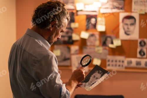 Preview: in the detective's office middle-aged investigator in a shirt and tie examines with a magnifying