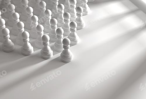 Preview: White chess pawns on white background. Unity concept. 3d rendering