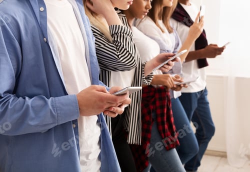 Preview: Social networks. Friends texting on their smartphones