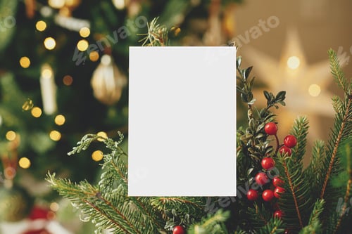 Preview: Christmas card mock up. Empty greeting card on fir branches