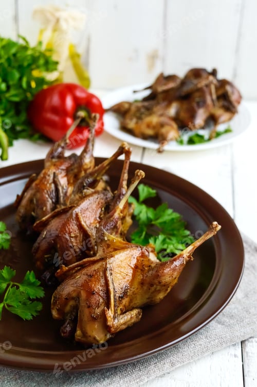 Preview: Roasted quail on a spit. Serving on a ceramic plate with greens. Close-up. Holiday menu.