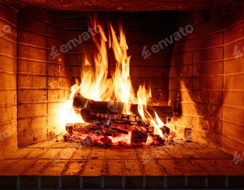 Preview: Fire burning in a fireplace, wood logs and flames. Warm home, heat. Christmas holiday